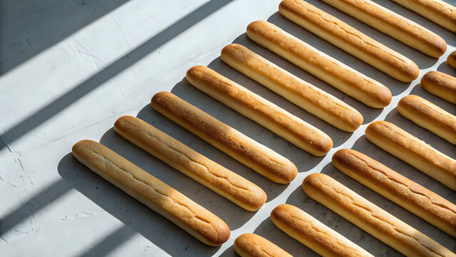 Parallel Breadsticks Arranged on a Table with Soft Shadows