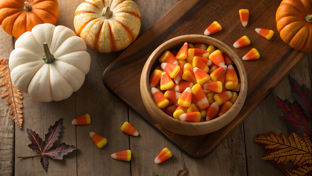 Top down view of candy corn mix with mini pumpkins on wood