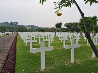 Ereveld Ancol war cemetery in Jakarta, Indonesia, with neatly arranged white gravestones surrounded by green lawns and trees, creating a solemn and peaceful memorial atmosfer 