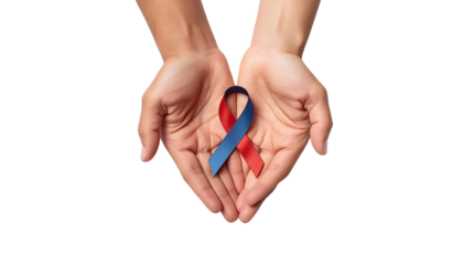 Red and Blue Awareness Ribbon in Hands Isolated on Transparent Background