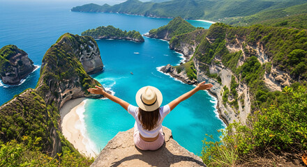 Woman traveler on cliff viewpoint overlooking tropical beach