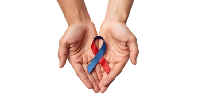 Red and Blue Awareness Ribbon in Hands Isolated on Transparent Background