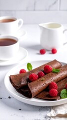 Chocolate crepes on white plate with raspberries, mint, tea and pitcher on marble surface