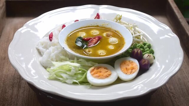 Thai rice noodles with fish ball curry sauce served with boiled eggs, bean sprouts, and fresh vegetables. Authentic Thai traditional dish known as "Khanom Jeen Nam Ya Luk Chin Pla.