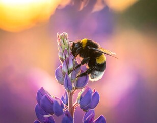 A close-up captures a bumblebee nestled on a vibrant purple flower, bathed in warm sunset hues. A delicate scene showing nature?s beauty