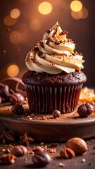 Chocolate cupcake with rich frosting sits on a wooden board with nuts and spices