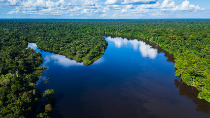 Aerial view of the Amazonian rivers of the Peruvian rainforest, a drone view of the Amazon rainforest surrounded by water, the Nanay River surrounded by rainforests in the Peruvian Amazon