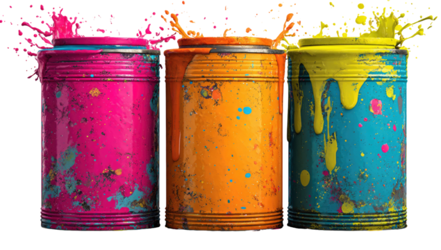 Colorful paint cans with splashing paint - Powered by Adobe