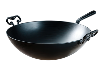 Dark, round wok with ornate handles
