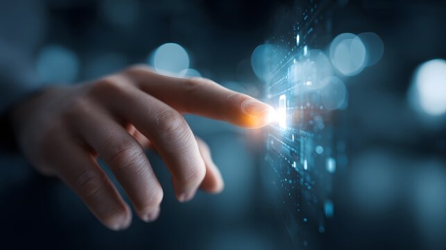The human hand, poised, touches a glowing futuristic interface in a dark, blurred environment, symbolizing technology and digital innovation, emitting bright, warm light against a cool-toned backdrop.