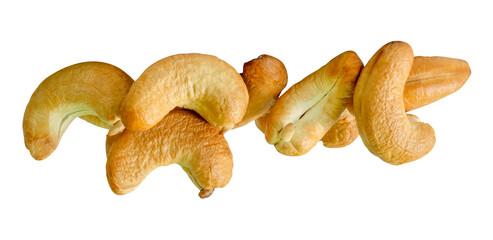 Roasted peeled cashew nuts in stack isolated with clipping path in png file format