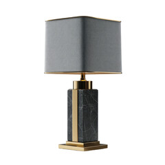 Square lamp dark marble base, gray shade, gold accents.