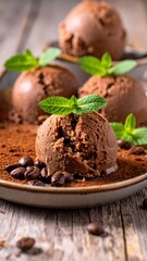 Chocolate ice cream scoops, cocoa powder, coffee beans, & mint on rustic surface