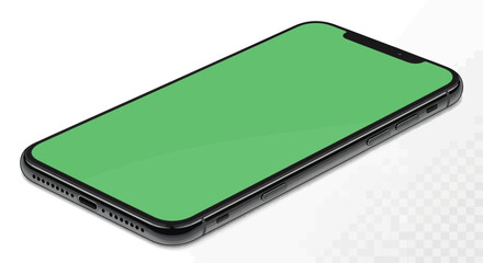 Isometric view of a modern smartphone with green screen for customizable display