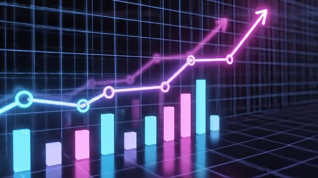 Bright glowing chart shows upward trend and financial growth on a digital grid background - Powered by Adobe