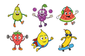 Funny cartoon fruit characters set illustration