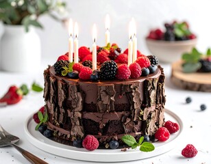 A close-up of a chocolate cake with bark-like sides, topped with berries and lit candles, with berries in the background
