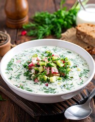 A close-up of a creamy chilled soup topped with diced vegetables and fresh herbs, served in a white bowl with bread