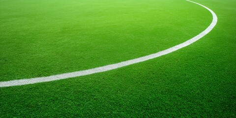 Fototapeta premium High Angle View of a Lush Green Soccer Field with a Curved White Line Boundary, Artificial Turf, Sports Ground