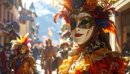 A close-up of a masked figure in colorful attire during a festive celebration. The crowd is in the background with mountains