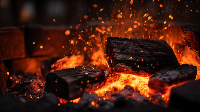 Embers of Warmth: Close-up of glowing embers and burning wooden logs creating a warm and inviting scene, evocative of campfire gatherings and cozy ambiance.