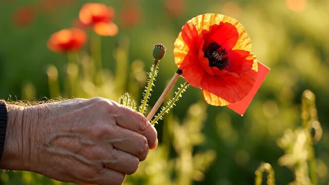 Remembrance Poppy: Hand Holding Symbolic Red Flower in Field