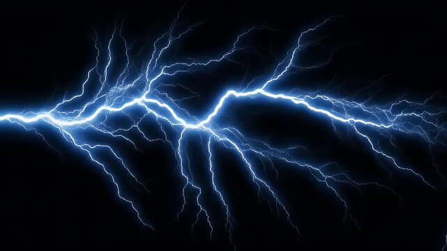 A brilliant blue bolt of lightning cracks horizontally across the stark blackness of the night sky.
