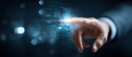 Human hand about to touch an illuminated button in a futuristic and digital user interface environment, with the finger pointing towards an interactive glowing circle, representing interaction and...