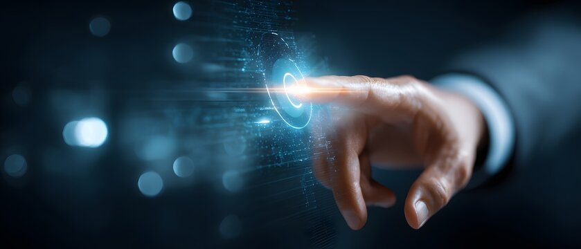 Human hand about to touch an illuminated button in a futuristic and digital user interface environment, with the finger pointing towards an interactive glowing circle, representing interaction and...