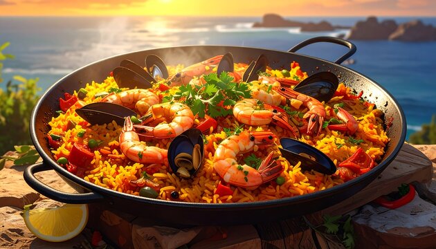 A close-up of a pan filled with colorful seafood paella on a wooden surface, set against an ocean and sunset backdrop - Powered by Adobe
