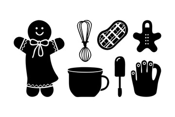 Gingerbread cookie icons with kitchen utensils
