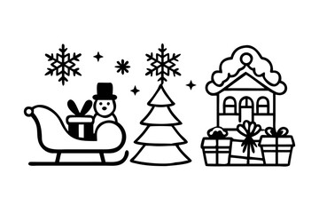 Christmas scene with snowman, tree, house and gifts