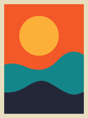 Minimalist Abstract Landscape Vector. Sun and Wavy Hills Composition in Retro Mid-Century Colors for Poster and Wall Art