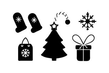 Christmas icons with tree, gift, and snowflake