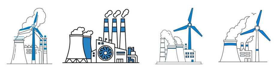 Set of power plant icons showing renewable and non-renewable energy sources like wind turbines and fossil fuel factories.