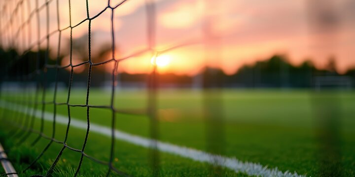 Low-angle shot from behind an empty soccer goal at sunset. The goal net frames the vibrant green field under a colorful sky