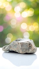 A close-up of a rugged, grey stone on a bright white surface. The background features a soft, bokeh effect of vibrant green and yellow light