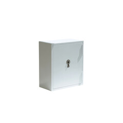 White metal box with keyhole on black background