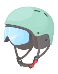 Naklejka premium A close-up illustration of a light green ski helmet with a built-in visor and chinstrap, against a white backdrop