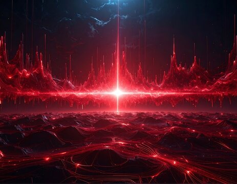 Futuristic red energy landscape with a bright central beam - Powered by Adobe