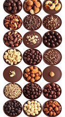 Chocolate rounds topped with various nuts, seeds, and crispy chocolate balls arranged vertically