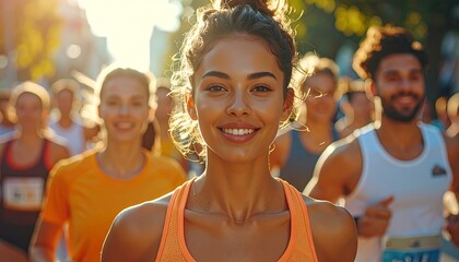 A close-up of a smiling runner amidst a crowd of athletes. Warm sunlight bathes the scene, creating a vibrant, energetic atmosphere