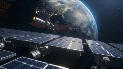 A futuristic space station with vast solar panel arrays orbiting high above planet Earth, with other spacecraft visible in the background. - Powered by Adobe