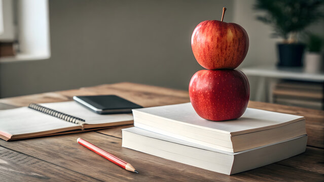 Two red apples stacked on books beside a pencil and phone