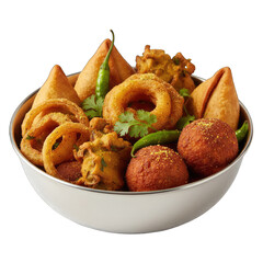 Assortment of Golden Brown Indian Appetizers and Snacks Including Samosas Onion Rings Pakoras and Vadas Served in a White Bowl with Green Chilies and Cilantro Garnish Isolated on a Black Background