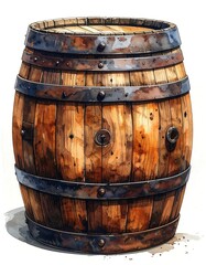 A close-up of a weathered, wooden barrel with metal bands, showing detailed grain and signs of aging with a rustic aesthetic