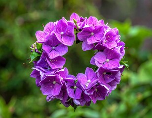 Circular arrangement of bright purple hydrangea flowers against a blurred green background