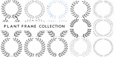 Collection of hand drawn botanical wreaths and laurel frames with leafy branches