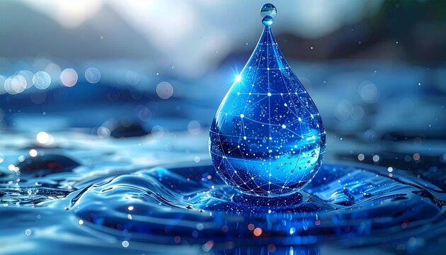 Digital blue water drop icon symbolizing AI technology in hydrology, environmental monitoring, and sustainable water resource management
