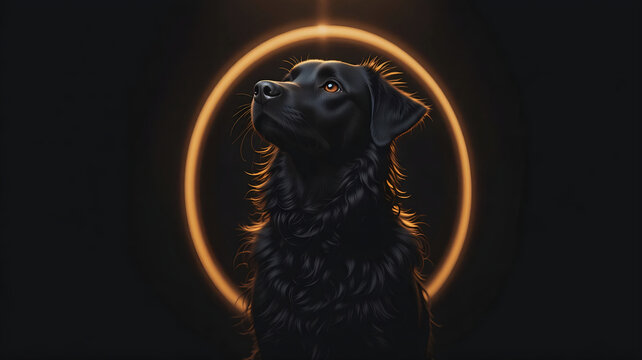 Dramatic Black Dog Portrait with Glowing Orange Eyes and Golden Halo Against Dark Low-Key Background for Conceptual Pet Photography or Abstract Art Use